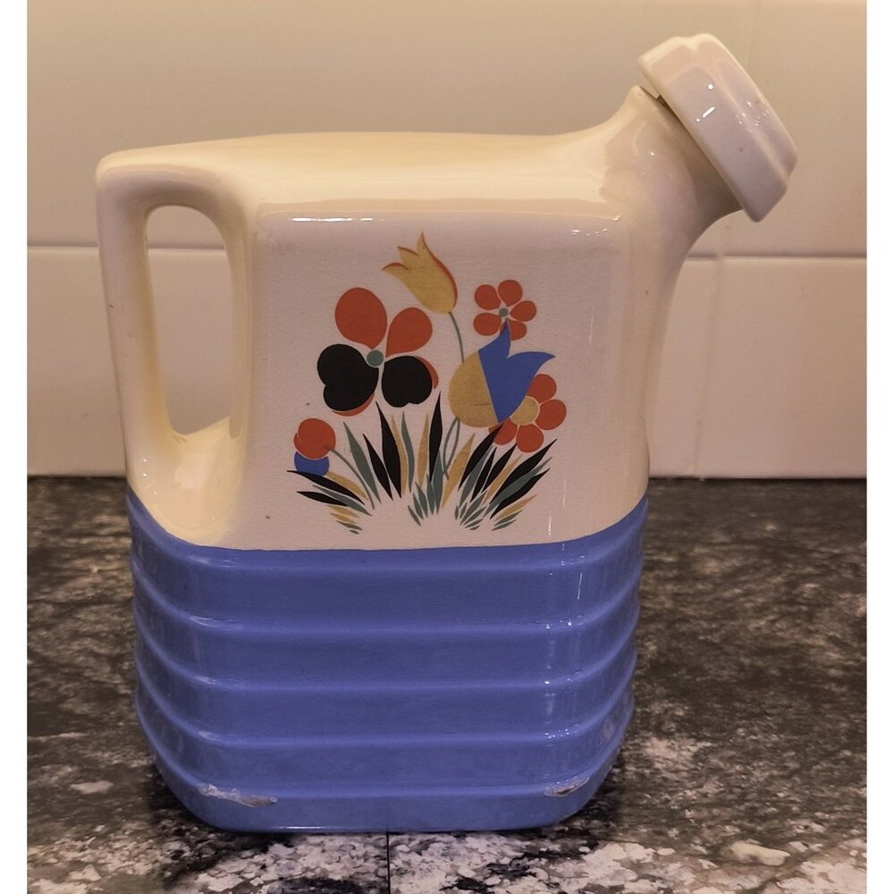 Vintage Ceramic Pitcher With Handle & Floral Design On Cream & Blue